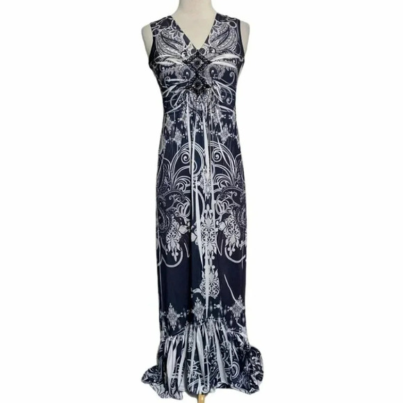 CATO XS black/white boho print v-neck‎ sleeveless ruffle hem maxi dress - Picture 1 of 8